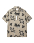 A taupe short-sleeve camp collar shirt featuring abstract black washes and white coded graphics. Bold, modern, and perfect as a statement streetwear piece.
