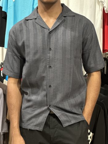 Charcoal Grey Textured-Stripe Cuban Collar Shirt