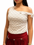 White Check Asymmetrical Tie-Shoulder Top