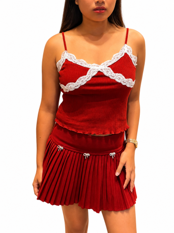 Burgundy Lace Cami & Pleated Skirt Combo Set