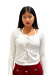 White long sleeve fitted top with a tie-front detail