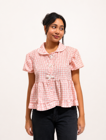 Gingham Peter Pan Tie-Front Top