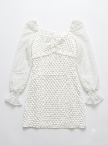 Ethereal White Textured Puff Sleeve Mini Dress