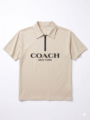 Coach New York Quarter-Zip Short Sleeve Polo - Beige