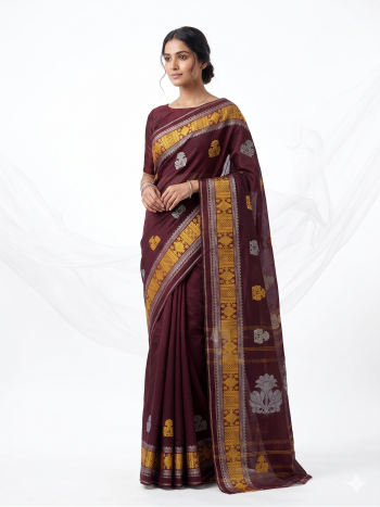 Elegant Deep Maroon Saree with Intricate Gold & Silver Zari Work