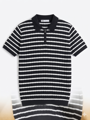 Men's Retro Striped Rib-Knit Zip Polo