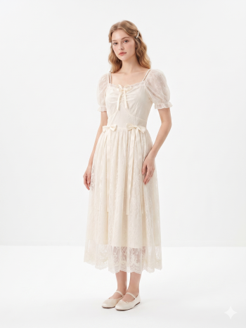 Ethereal Vintage-Inspired Lace Midi Dress with Pearl & Ribbon Details