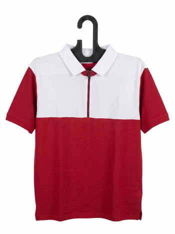 Men's Modern Color-Block Quarter-Zip Polo Shirt - Red & White