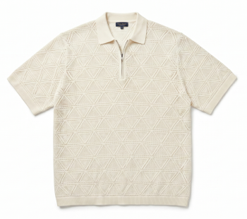 Vintage-Inspired Cream Crochet Zip-Neck Polo Shirt