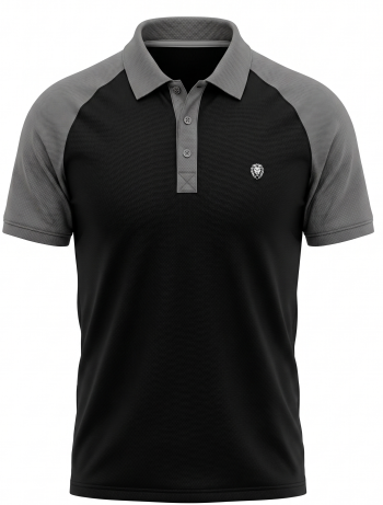The Alpha Contrast Polo: Black & Grey Raglan with Lion Crest