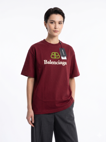 Balenciaga Oversized Logo Print T-Shirt – Burgundy / Lime Green