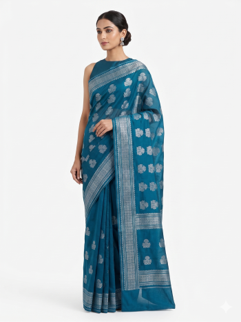 Elegant Teal Blue Saree with Silver Zari Motifs