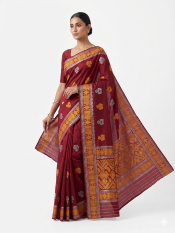 Traditional Maroon Handloom Saree with Gold & Silver Zari Woven Motifs