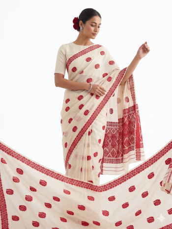 Classic Cream & Red Woven Floral Saree
