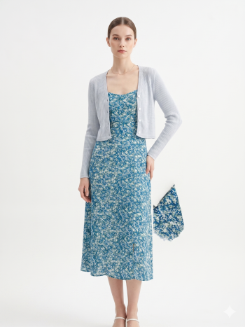 Whimsical Meadow Floral Midi Dress & Cropped Cardigan Set