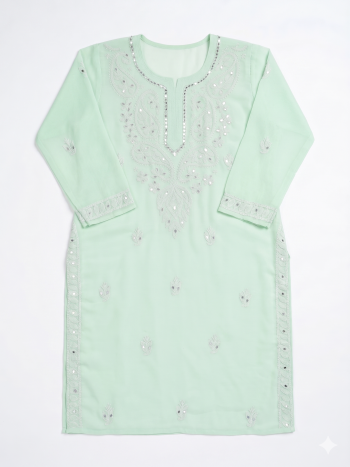 Elegant Mint Green Embroidered Kurti with Mirror Work